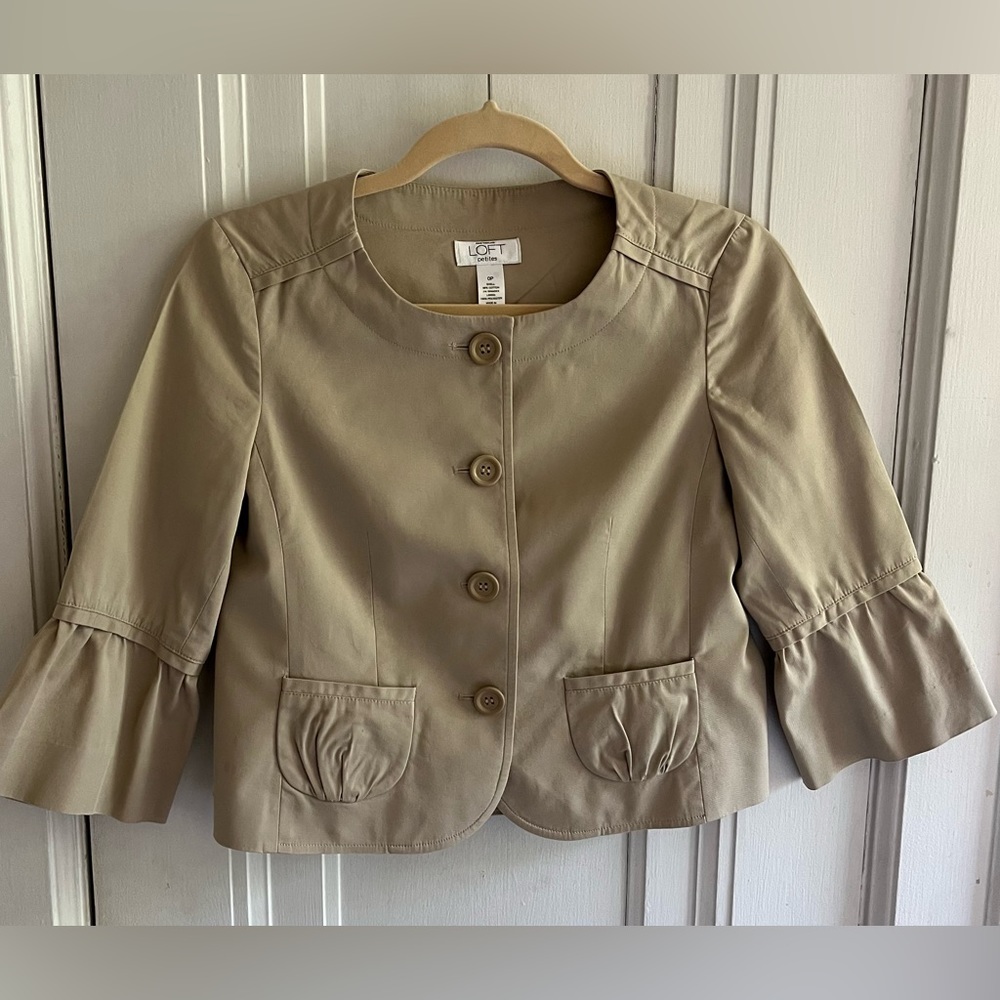 LOFT Tan Ruffle-Sleeve Cropped Blazer